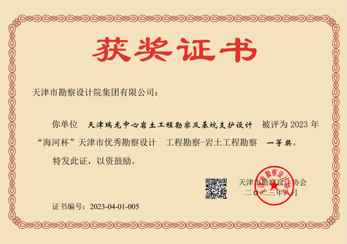 尊龙时凯集团加入天津瑞龙中心岩土工程勘探及基坑支护设计项目荣获天津市“海河杯”一等奖